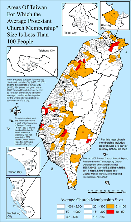 Areas Of Taiwan Where Avg. Church Size is Less Than 100 People